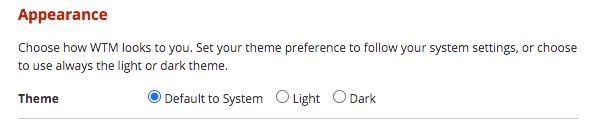 The user settings page